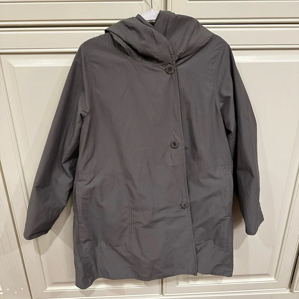 Eileen Fisher Women’s‎ Reversible Coat Jacket Black Grey Hooded Cotton Nylon